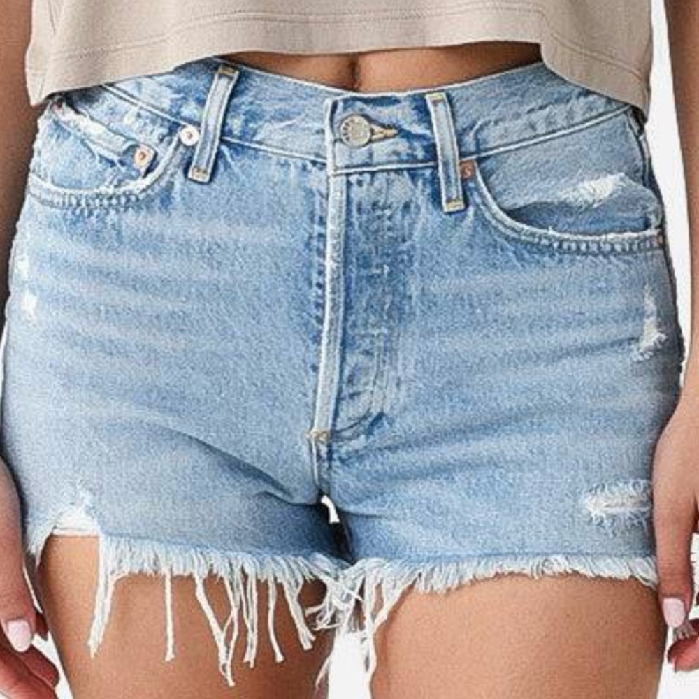 Agolde Parker Women’s 25 Light Blue Distressed Button Up Shorts